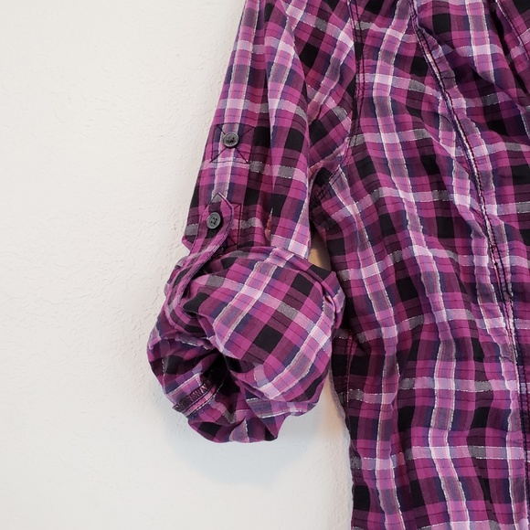 EXPRESS Cute Dark Purple Pink Khaki Button Shirt - Picture 2 of 7